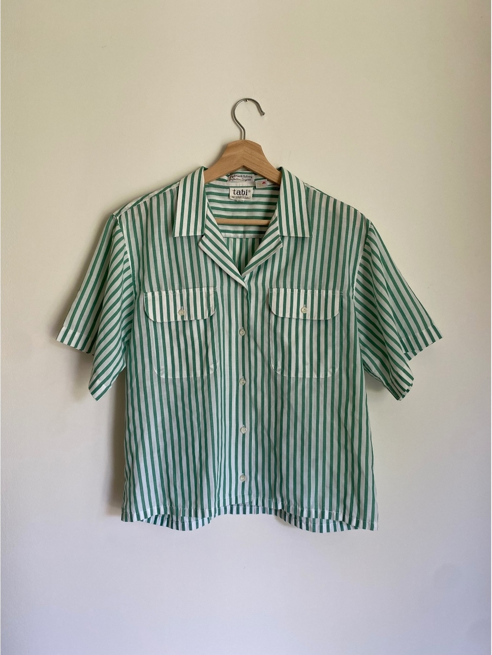 Vintage Tabi International Korea Green White Stripe Camp Shirt M Blouse